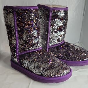 UGG  Womens SZ 7 Silver Purple Sequin Metallic Mid Calf Boots Sheepskin Comfy
